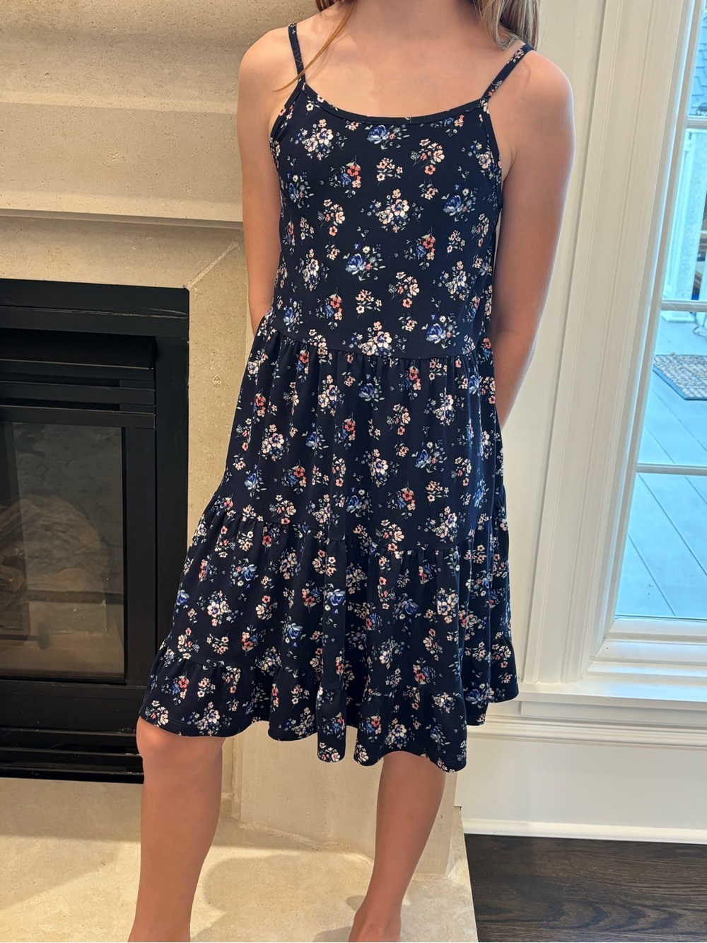Girls Large (9-10)- Floral Spaghetti-Strap Dress with Pink & Blue Accents